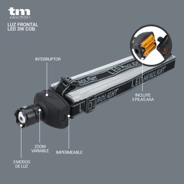 TM Electron TMTOR005 Luz frontal LED con zoom y cinta ajustable a la cabeza para camping, pesca, etc 2