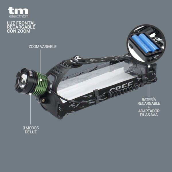 TM Electron TMTOR006 Luz frontal LED recargable con zoom y cinta ajustable a la cabeza para camping, pesca, etc 2